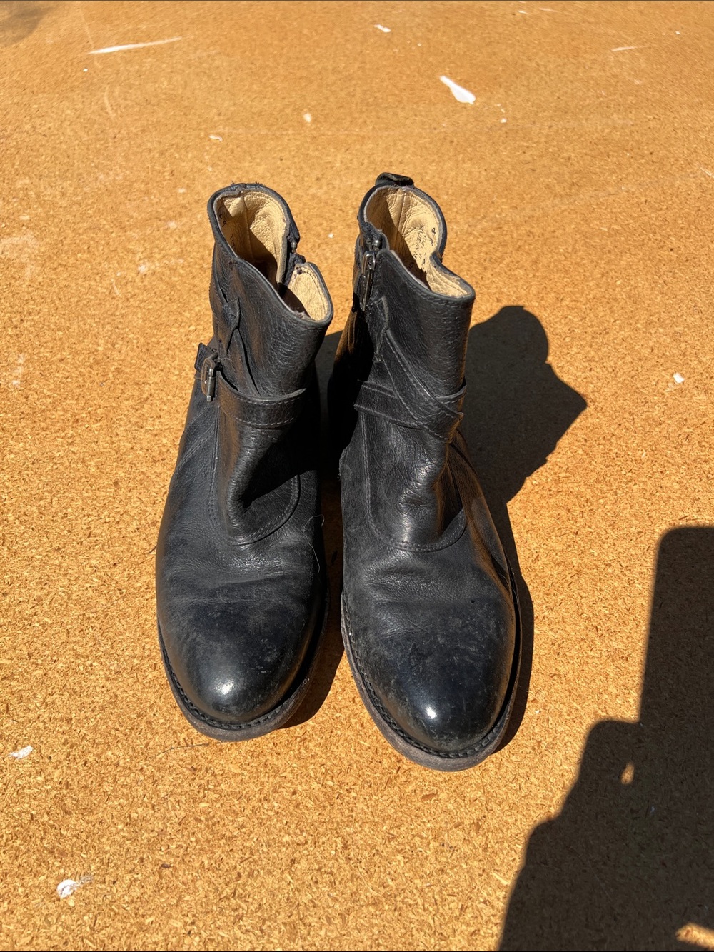 Frye Black Leather Zip & Buckle Ankle Boots